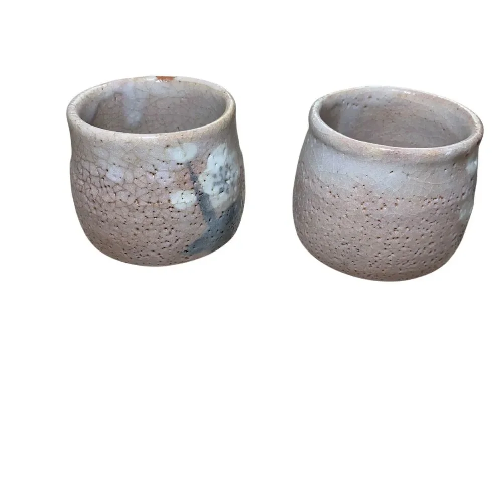 Japanese Shino Yunomi Tea Cups Pink Plum Blossom Flower Design Vintage Set of 2